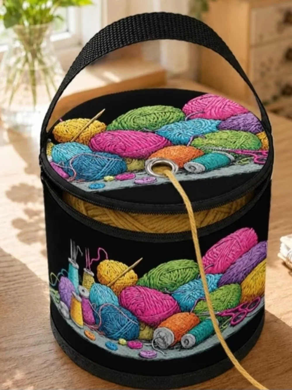 Craft Yarn Storage Tote with Handle - Black Multi-Color